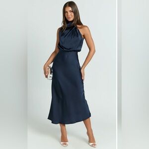 Showpo Midnight Blue Satin Midi Dress